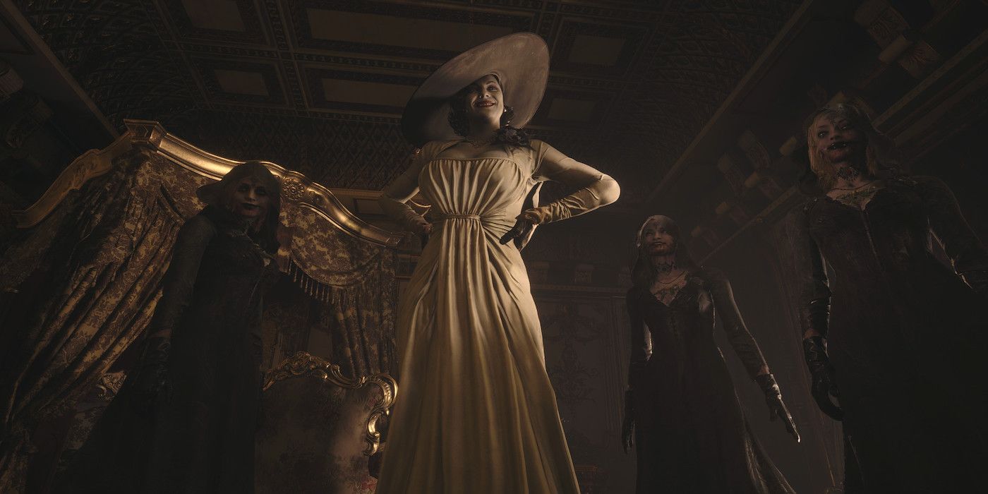 A screenshot of Lady Dimitrescu and her daughters from the game Resident Evil Village