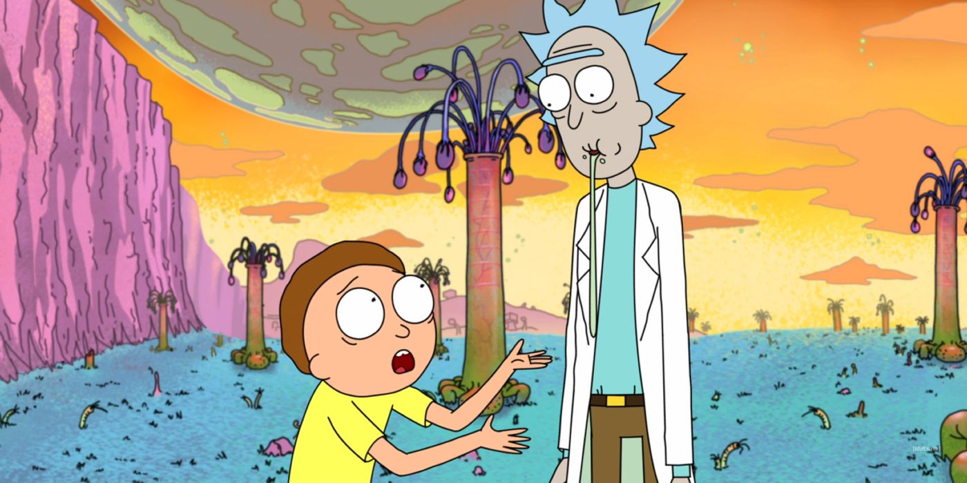 Rick Sanchez drools as Morty Smith panics in Rick and Morty.