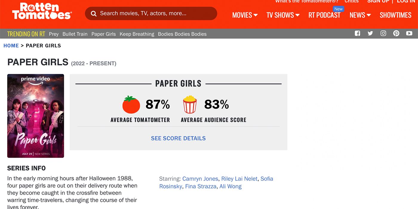 A screen shot from the Rotten Tomatoes search page showing results for the Amazon Prime show Paper Girls.