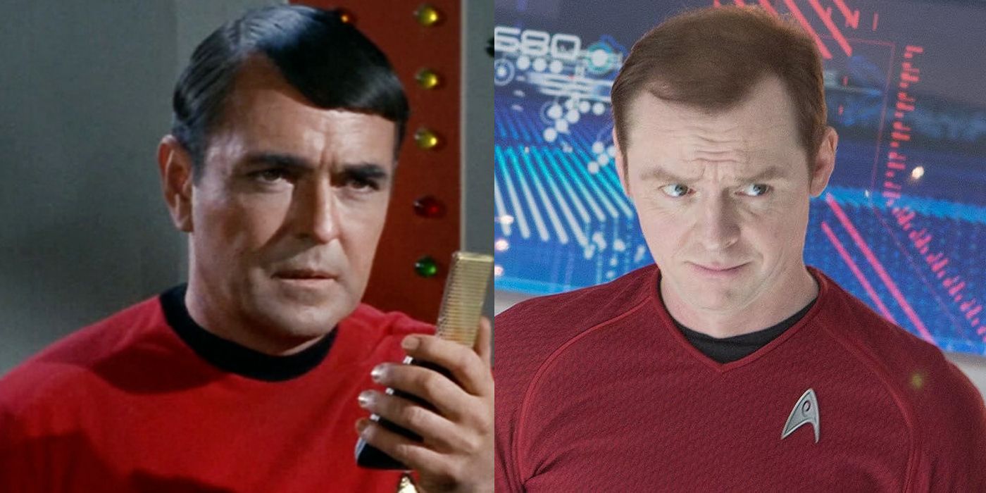 James Doohan como Montgomery Scott em Star Trek The Original Series e Simon Pegg como Scotty em Star Trek Kelvin Timeline