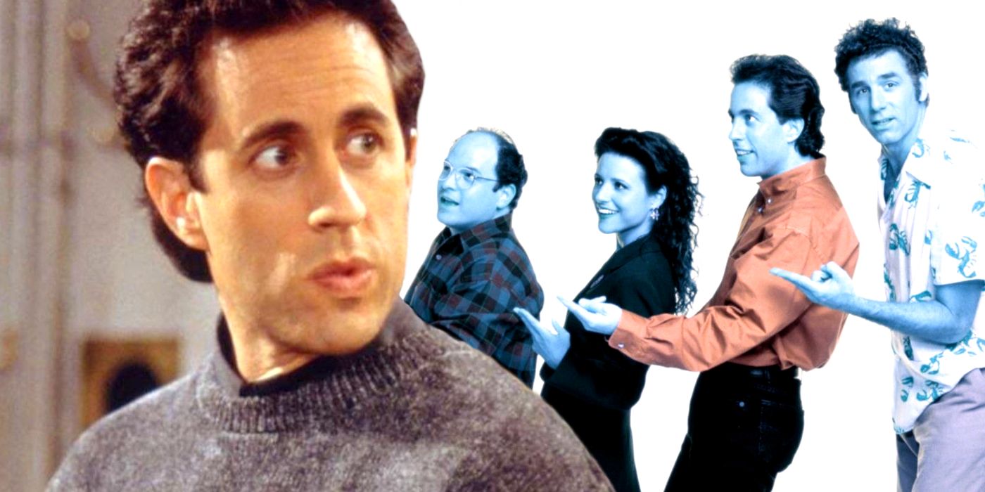 Jerry Seinfeld stares at Seinfeld photo of cast pointing.