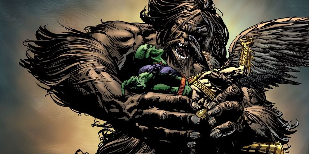 Shaggy Man holds several heroes in his hands in a DC comic