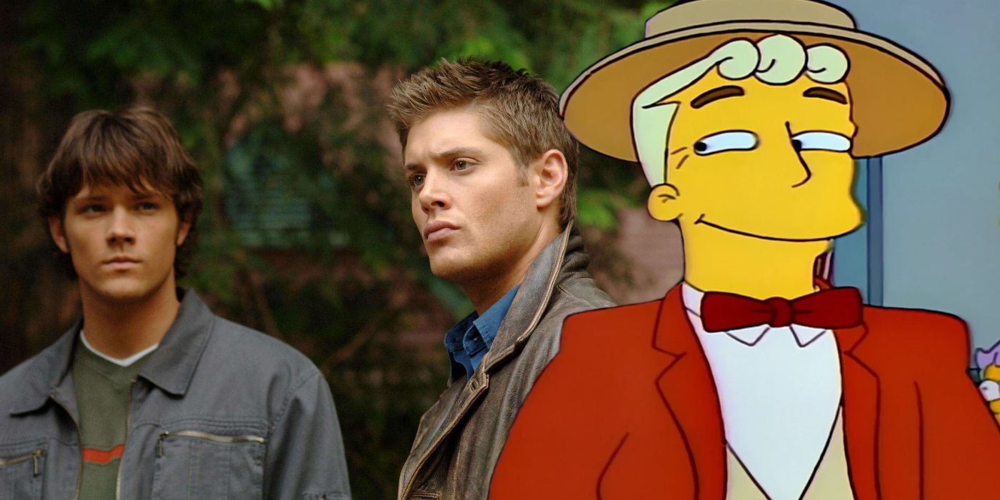 Jared Padalecki as Sam Winchester and Jensen Ackles as Dean Winchester in Supernatural season 1 and Lyle Lanley from The Simpsons Marge Vs The Monorail