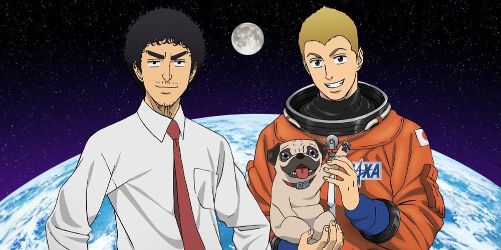 The brothers hold their dog before planet Earth on Space Brothers