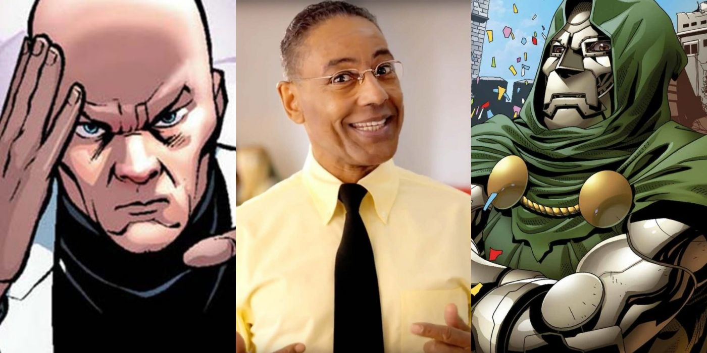split image of Professor X, Gus Fring from Breaking Bad, and Doctor Doom