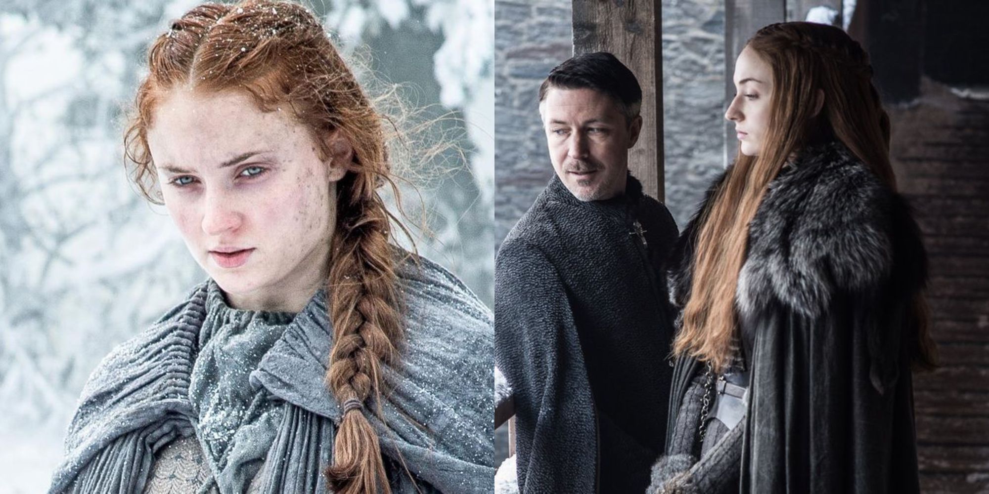 split image of Sansa alone and sansa with littlefinger
