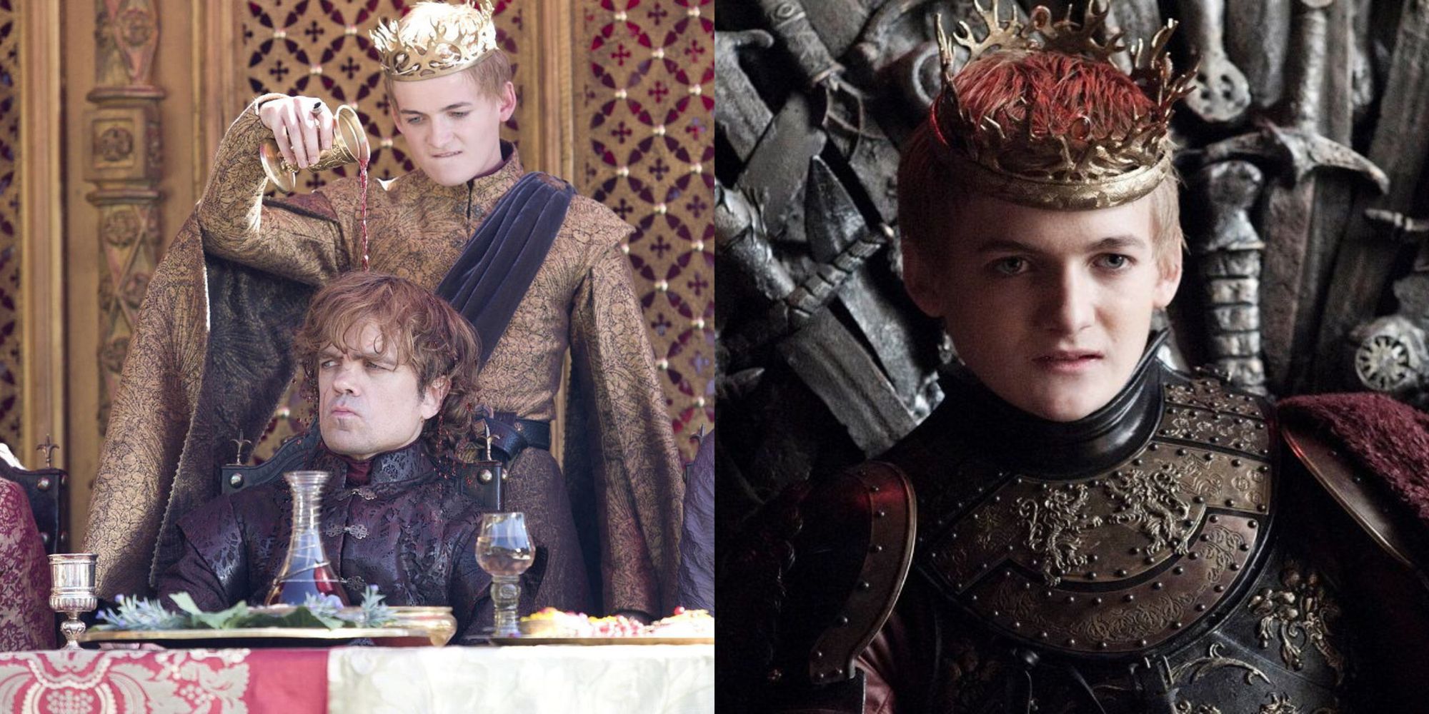 split image of tyrion and joffrey and joffrey on the throne