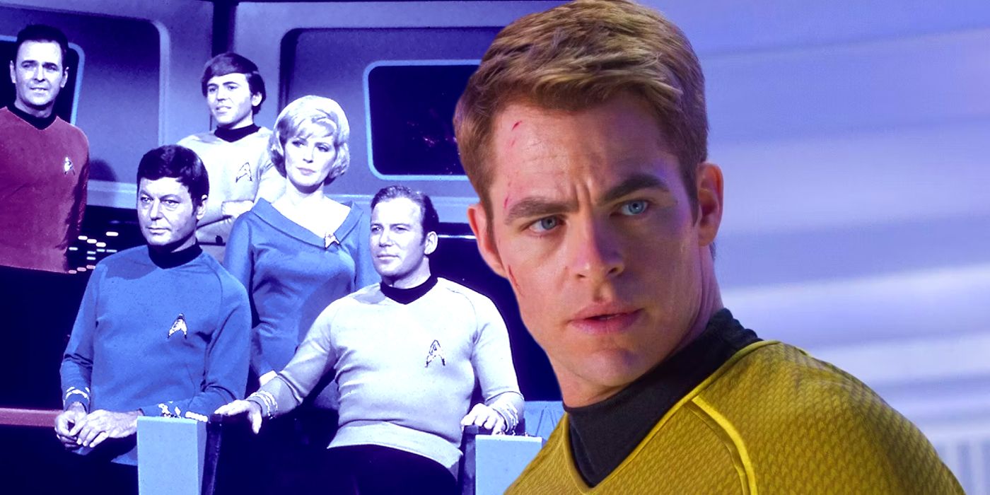 The cast of star trek the original series and chris pine as captain kirk in Star Trek 2009