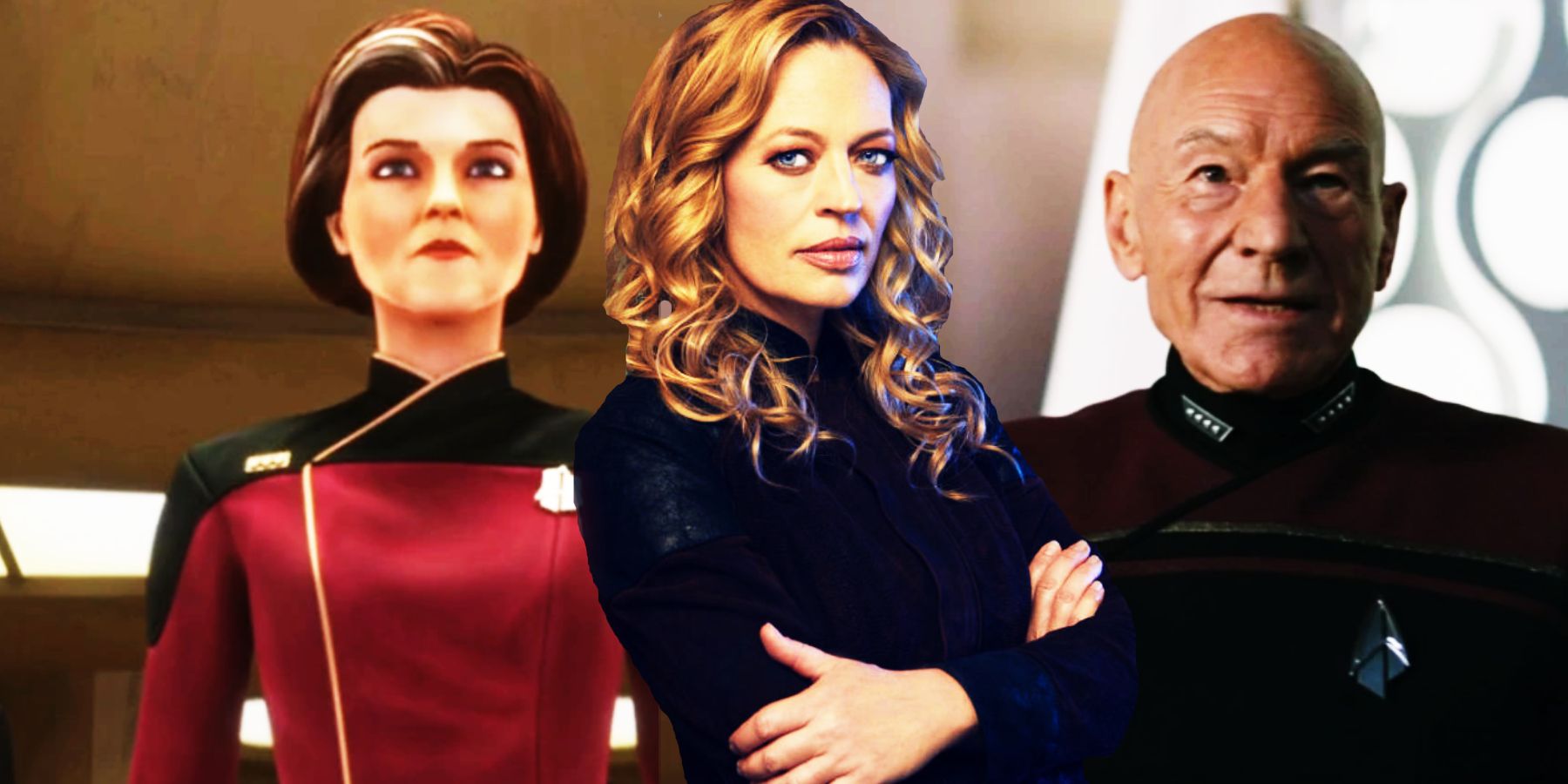 Kate Mulgrew as Admiral Janeway, Jeri Ryan as Seven of Nine and Patrick Stewart as Admiral Picard