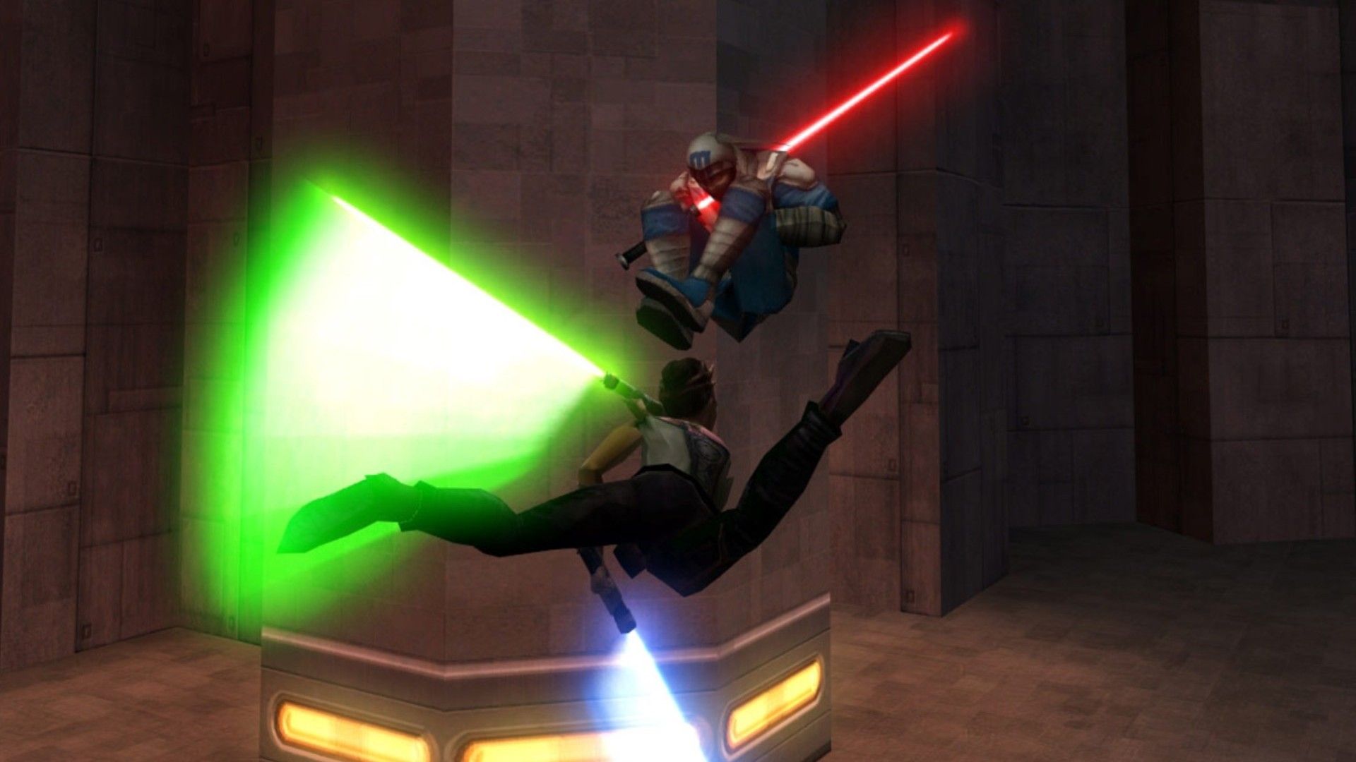 A lightsaber battle in Star Wars Jedi Knight: Jedi Academy.