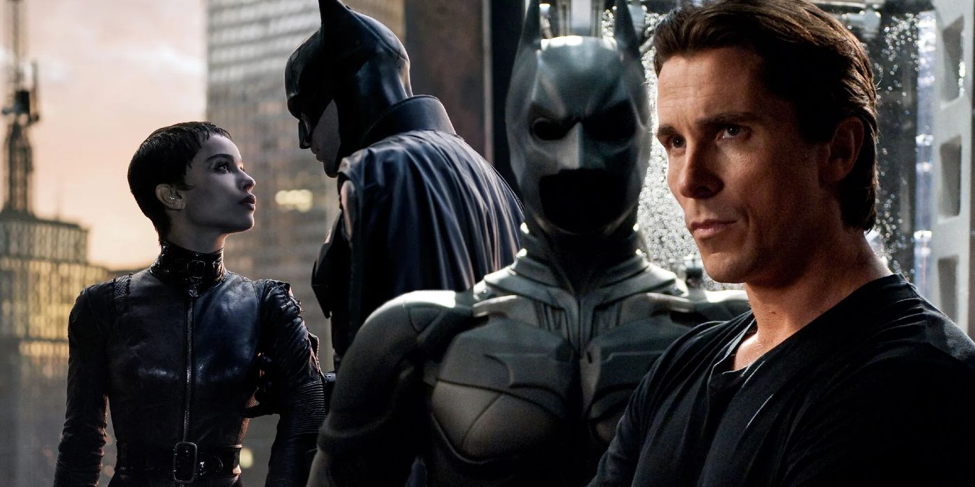 Zoe Kravitz as Selina Kyle and Robert Pattinson as Batman in The Batman and Christian Bale as Bruce Wayne in The Dark Knight