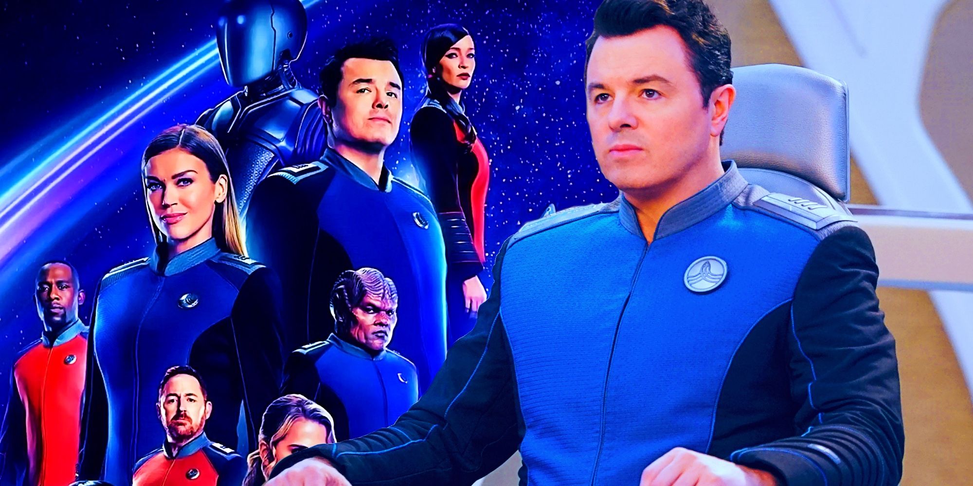 seth mcfarlane and the cast of the orville in the orville season 3 and poster