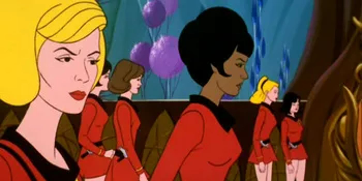 Image of Chapel and Uhura with an all-female landing party in red shirts