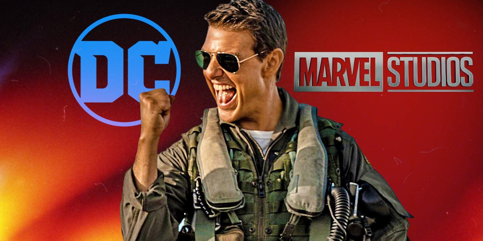Tom Cruise in Top Gun Maverick next to the DC and Marvel logos