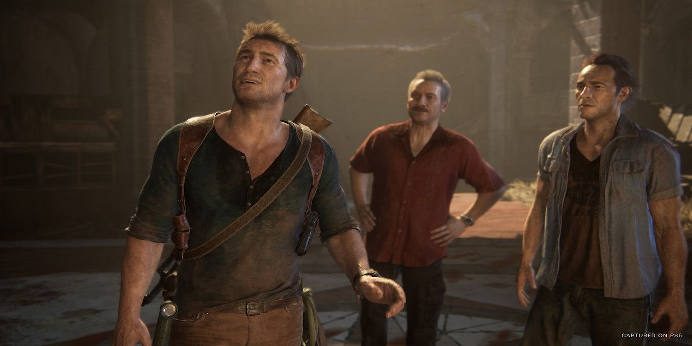 A screenshot of Nathan Drake, Victor "Sully" Sullivan, and Sam Drake from the game Uncharted 4: A Thief’s End