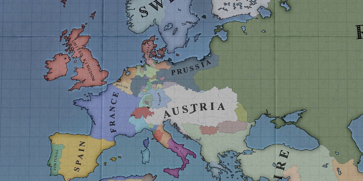Um mapa mostrando países em cores diferentes com seus nomes no jogo Victoria II.