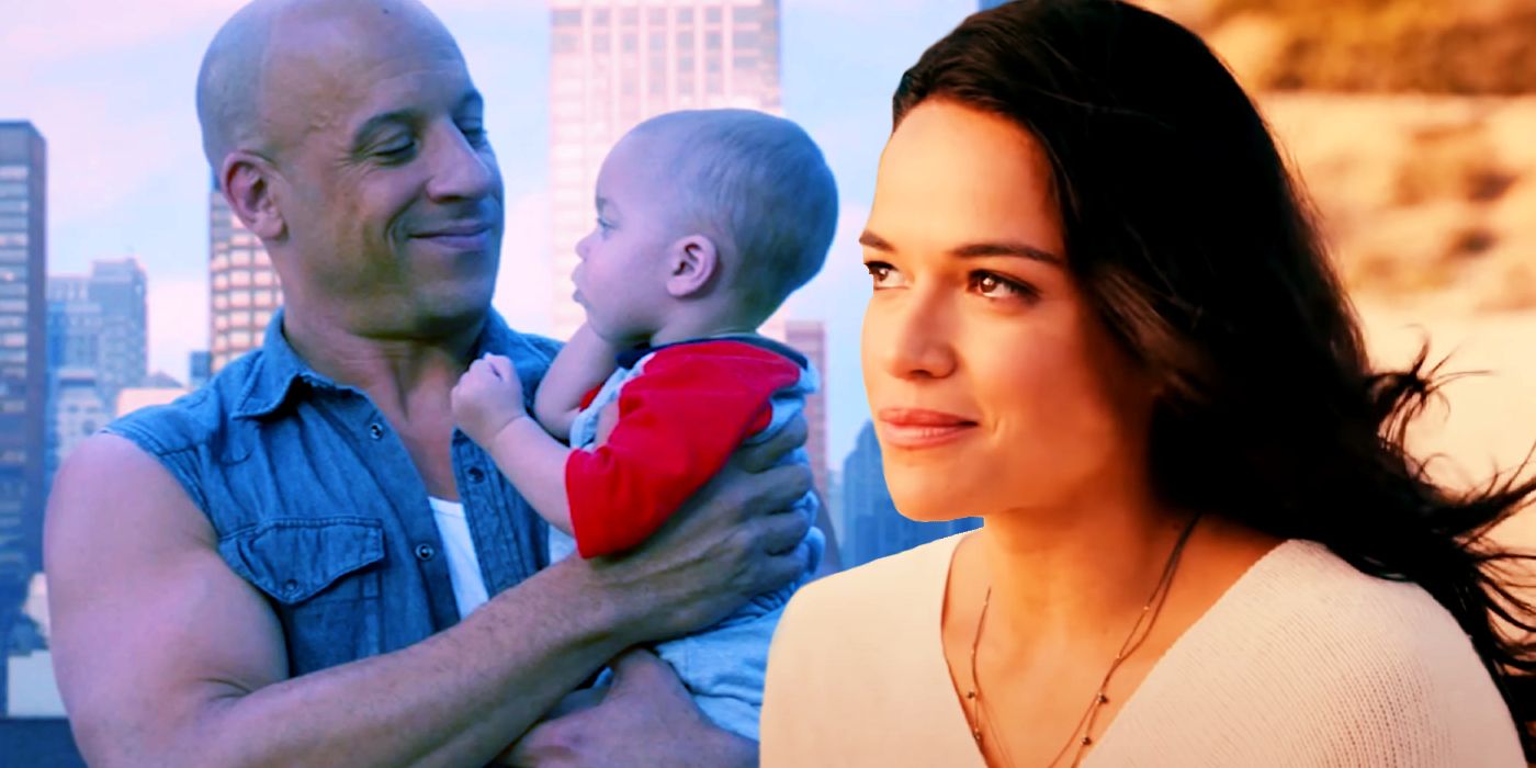 Dominic Toretto (Vin Diesel), Letty Ortiz (Michelle Rodriguez), and baby in the Fast and the Furious franchise.