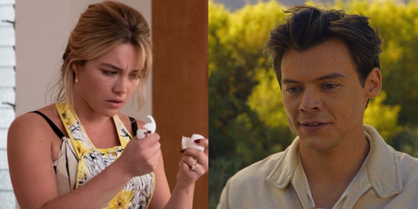 Split Image of Florence Pugh and Harry Styles in Don’t Worry Darling.