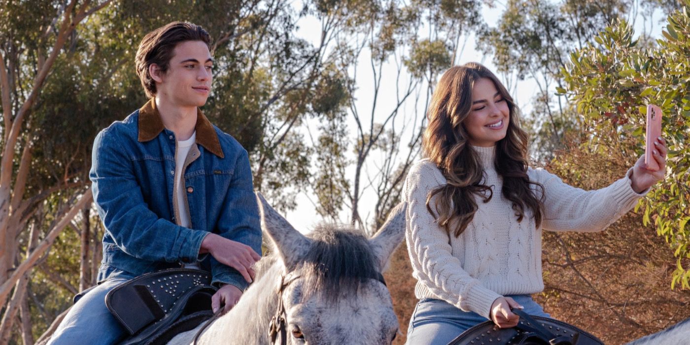 Addison and Tanner ride horses in a still from He’s All That.