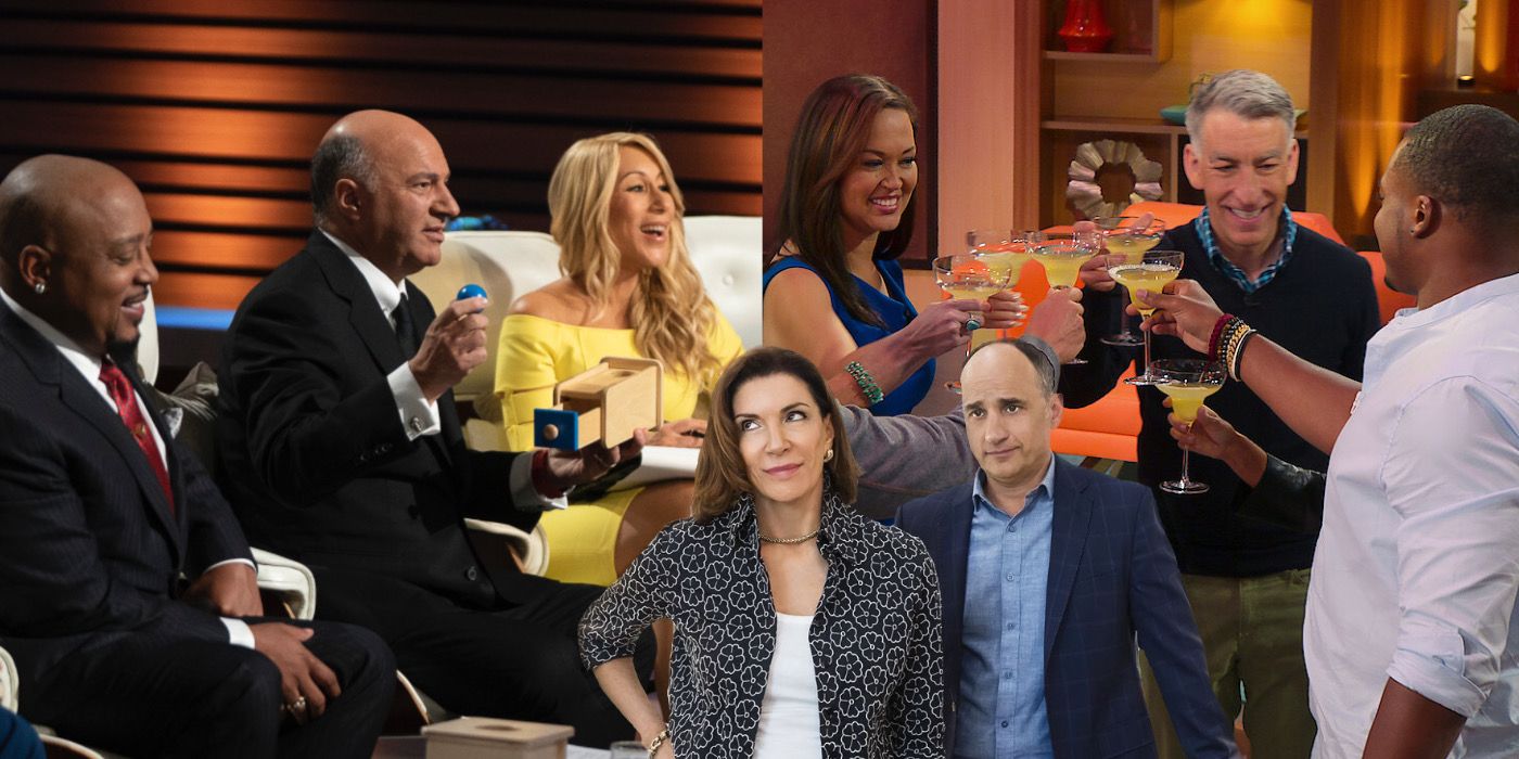 The Shark Tank cast sits in chairs - The Buy My House cast toasts drinks - Love It Or List It cast is annoyed