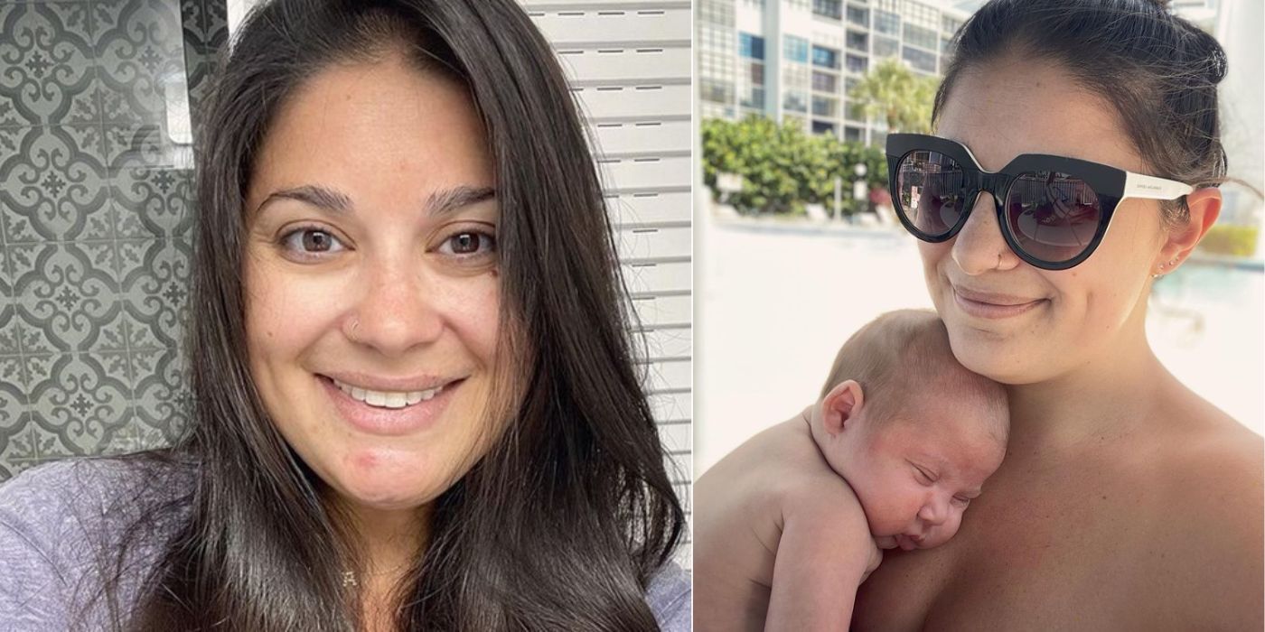 Split image of 90 Day Fiancé&rsquo;s Loren Brovarnik split image. Left: Smiling. Right: holding her baby