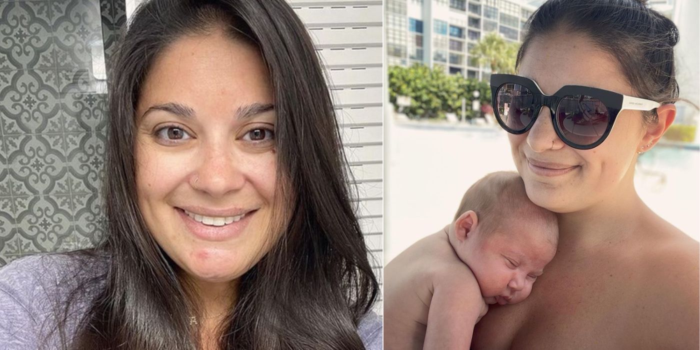 Split image of 90 Day Fiancé's Loren Brovarnik split image. Left: Smiling. Right: holding her baby