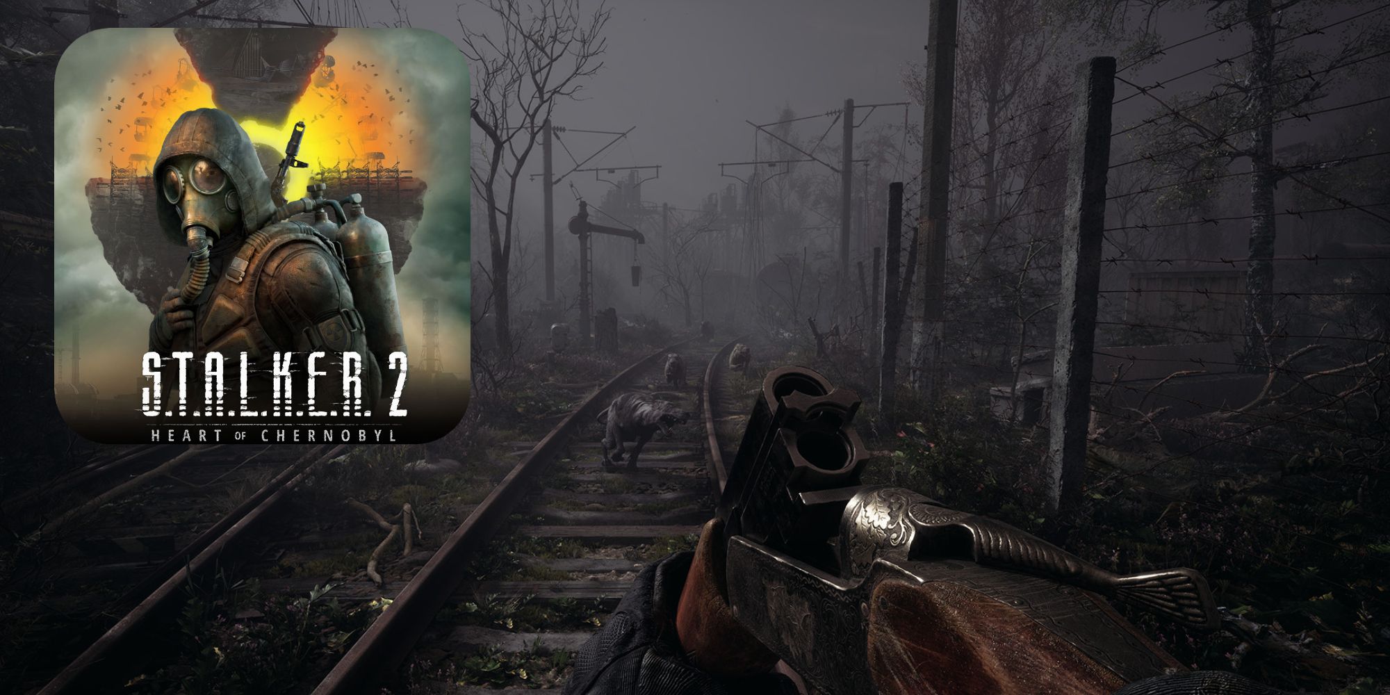 Screen captures from STALKER 2. A first person perspective shows a broken rife in the hands of the player. Wolves run on railroad tracks ahead.