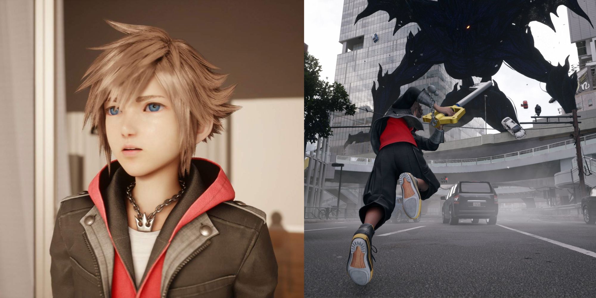 Screenshots from Kingdom Hearts 4. Sora stands on the left, looking concerned. On the right, Sora dashes towards a towering beast with the keyblade. 