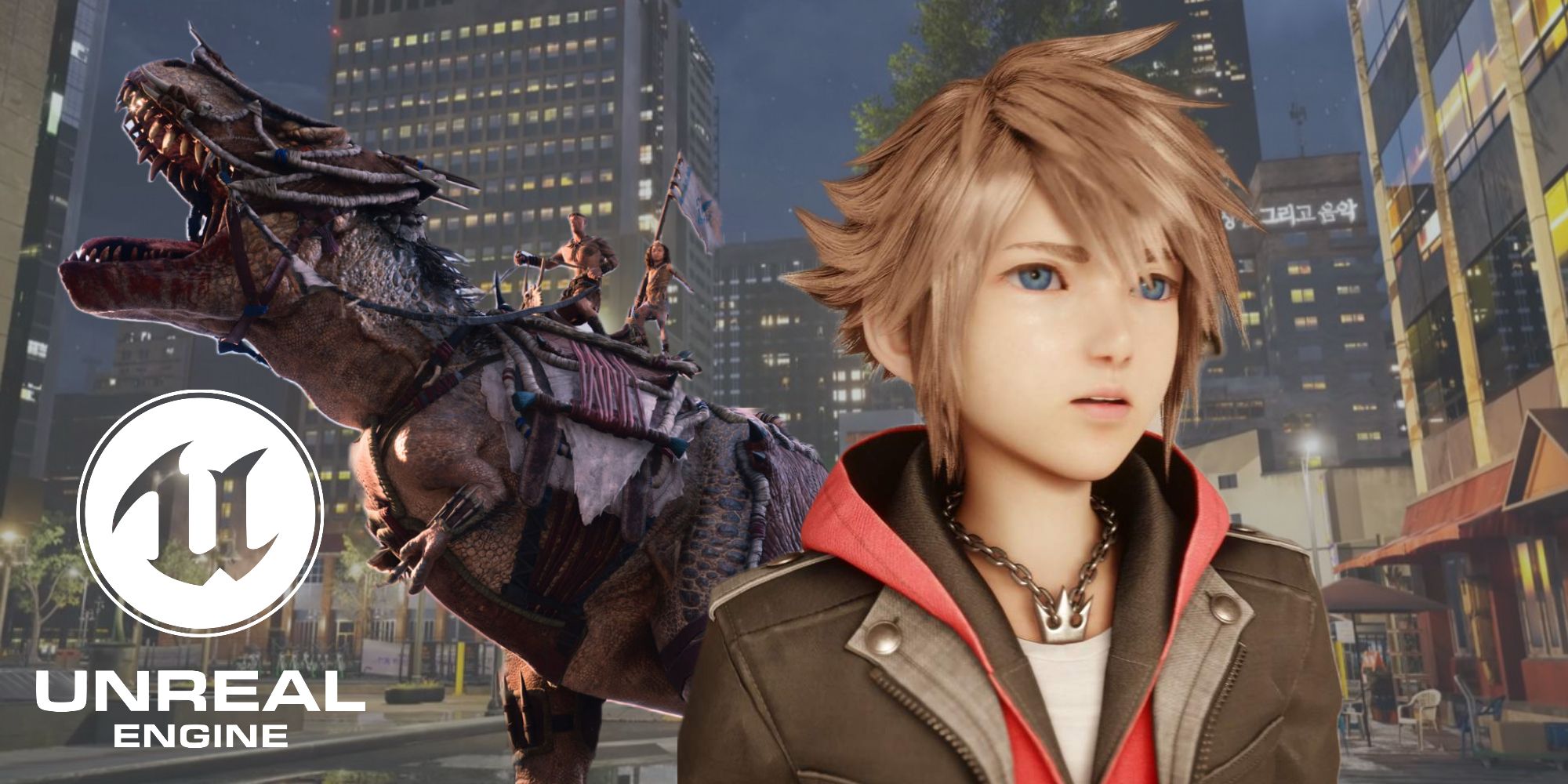 Screenshots generated in unreal engine 5 are shown. Sora from Kingdom Hearts is on the right. A t-rex from ARK 2 is displayed on the left, as well as the Unreal Engine logo. 