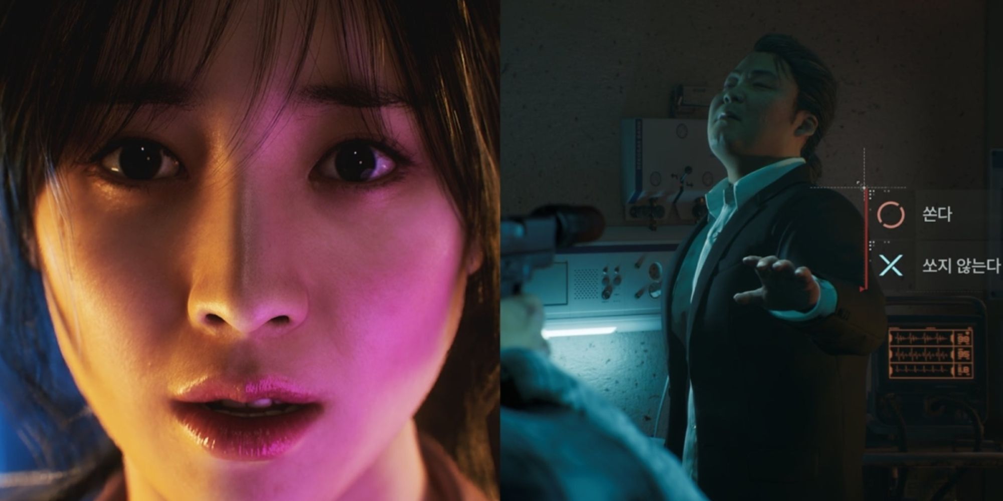 Photo realistic game characters from Project M. On the left a Korean women stares ahead with a shocked look on her face. On the right, a man raises his hand defensively, game interface is giving the player an option in Korean.