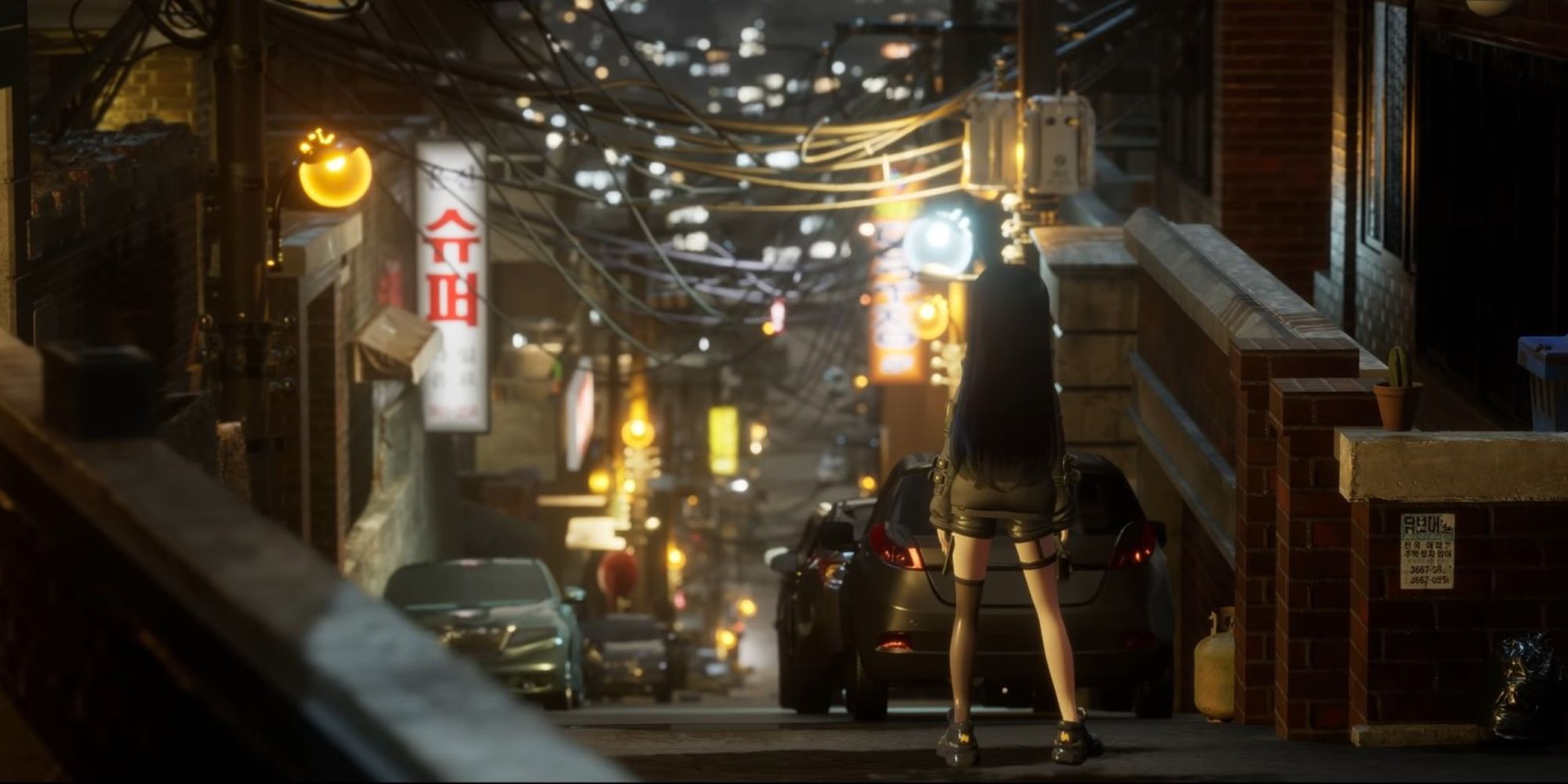 A anime styled woman stands facing a nightime landscape of a Korean city street at night. Lights illuminate the path in a photorealistic style. 