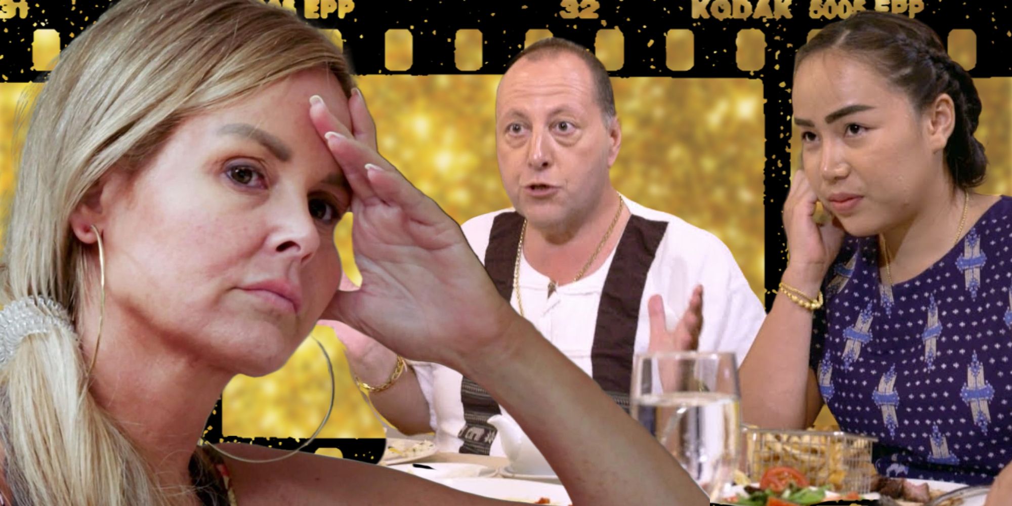 90 Day Fiancé Stars Annie, David and Stephanie Davison appear disgruntled against a black and gold background. 