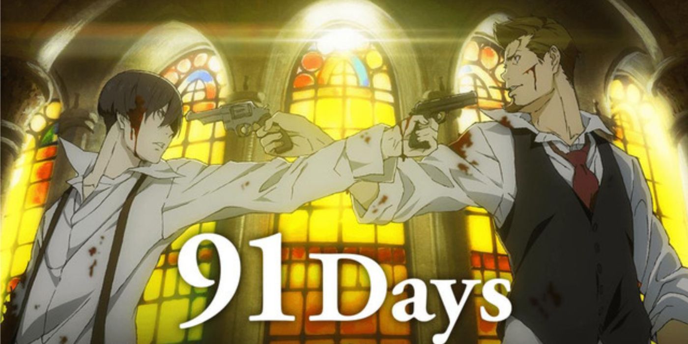 91 Days anime key art featuring Angelo and Nero aiming guns at each other.