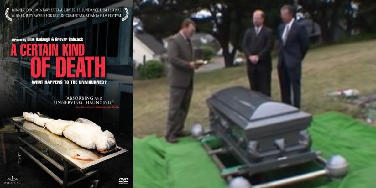 The poster for A Certain Kind of Death (2003) alongside a clip from a funeral featured in the documentary.