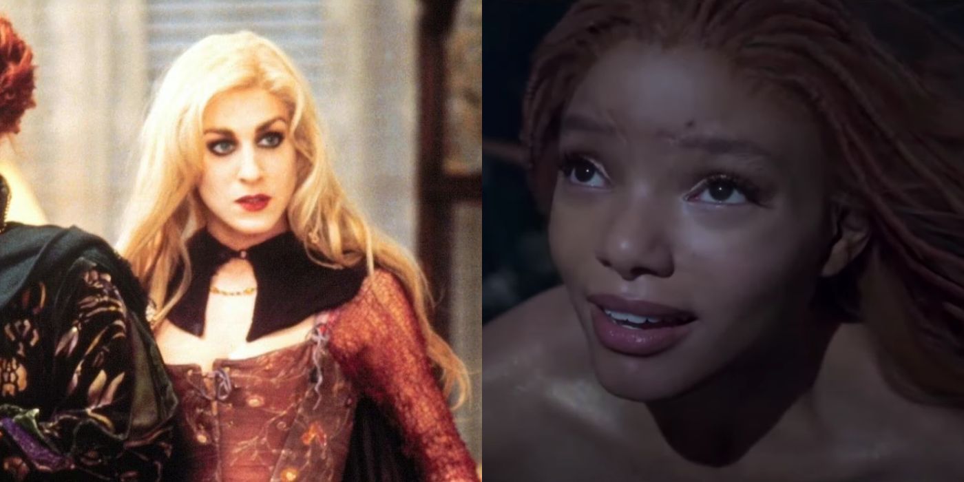 A Split image of Sarah Sanderson and Halle Bailey from Hocus Pocus