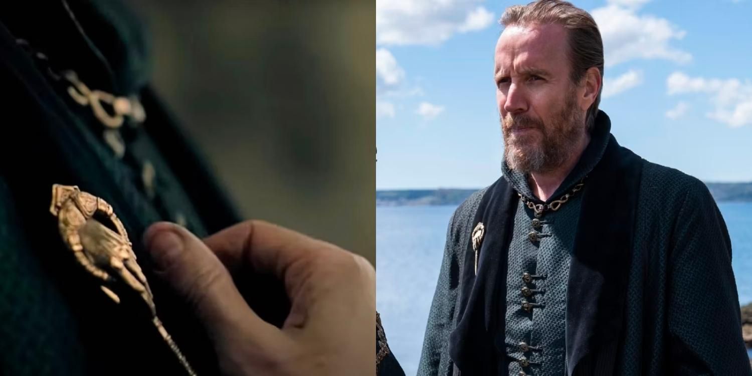 A closeup of the Hand of the King&rsquo;s pin and Otto Hightower standing silhouetted against the sea