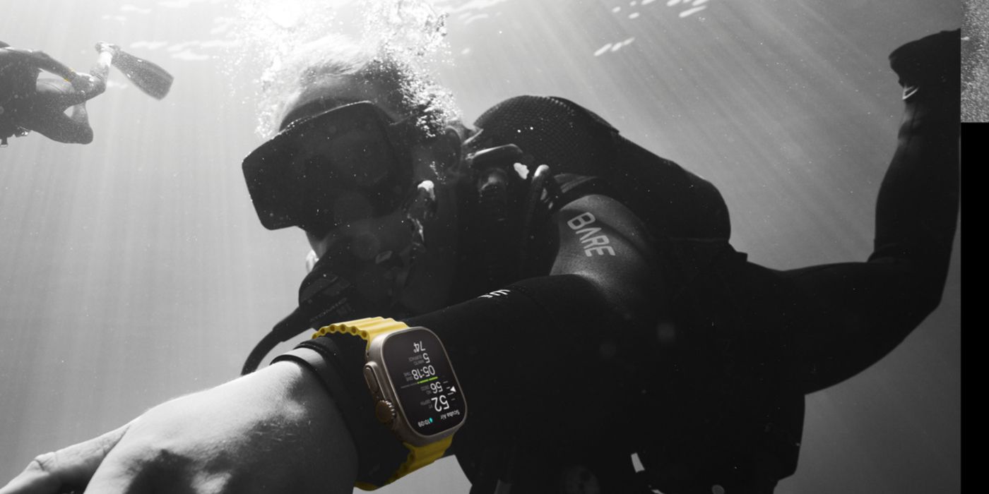 A diver wearing an Apple Watch Ultra