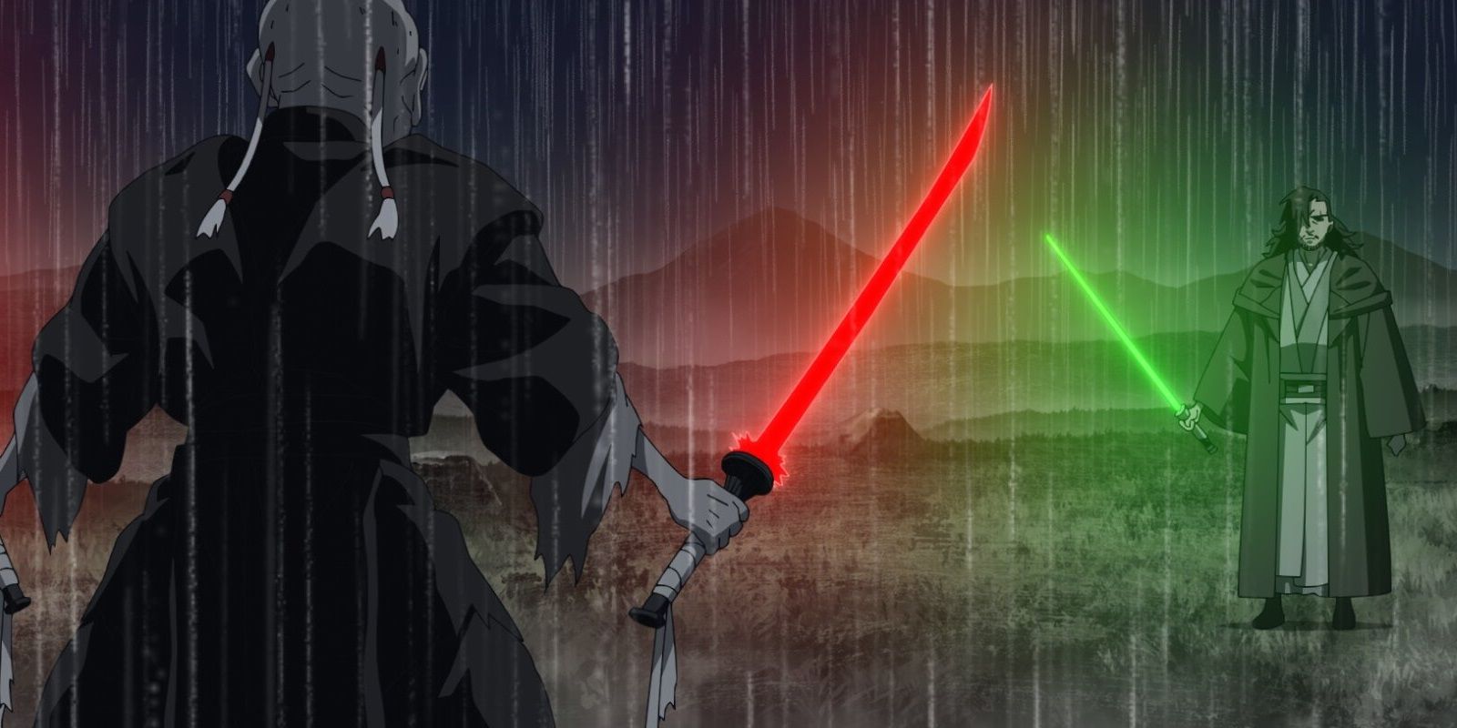 Um duelo de sabre de luz na chuva em Star Wars Visions
