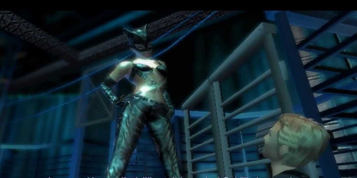 Uma captura de tela de uma cena cortada da gravata da Mulher-Gato no videogame