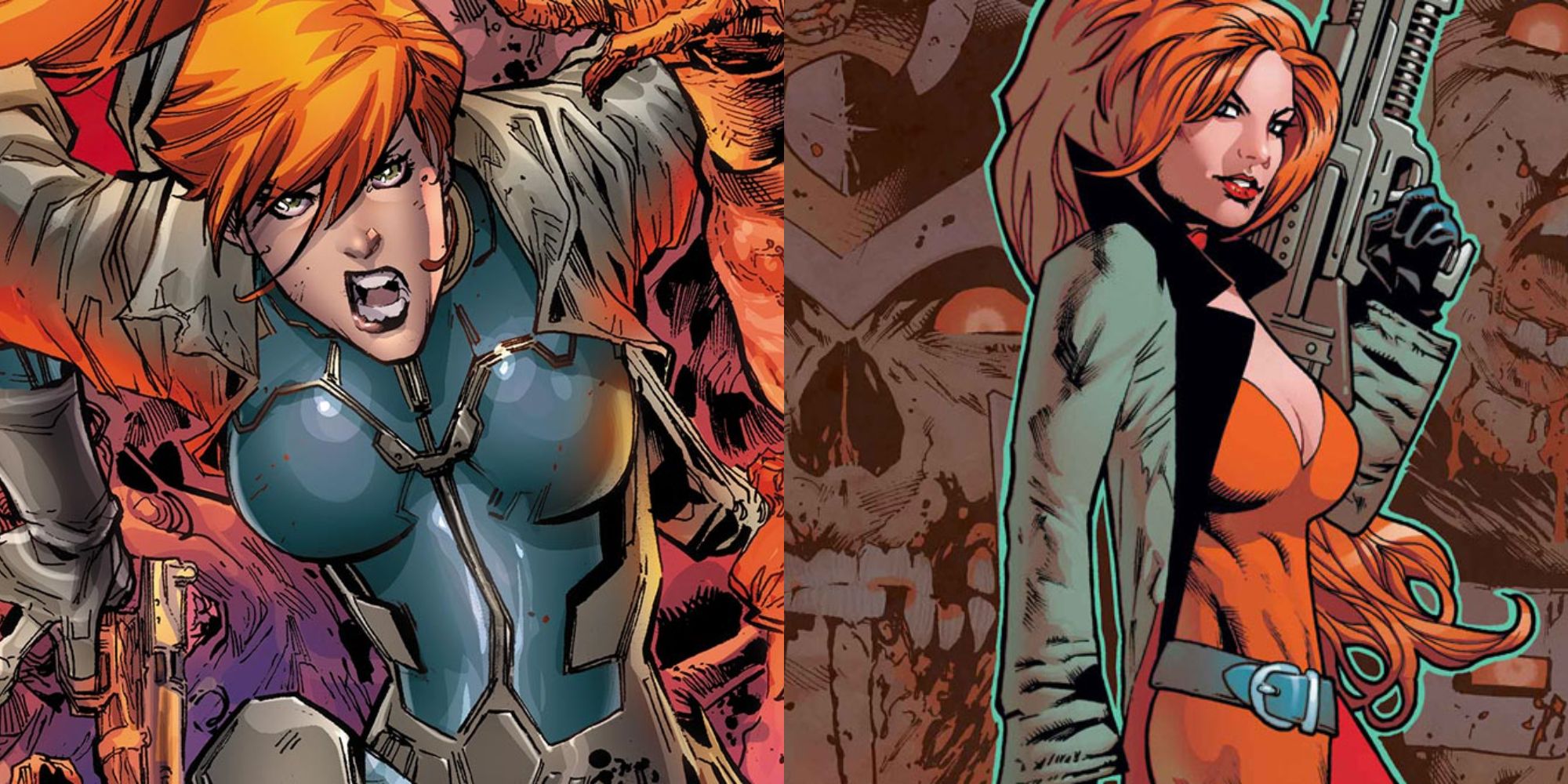 A split image of Elsa Bloodstone preparing for battle in the Marvel comics