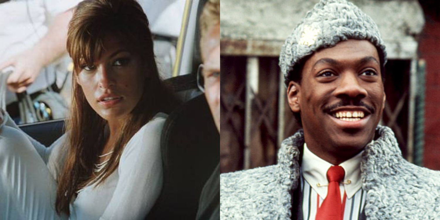 A split image of Eva Mendes sitting in a car and Eddie Murphy smiling
