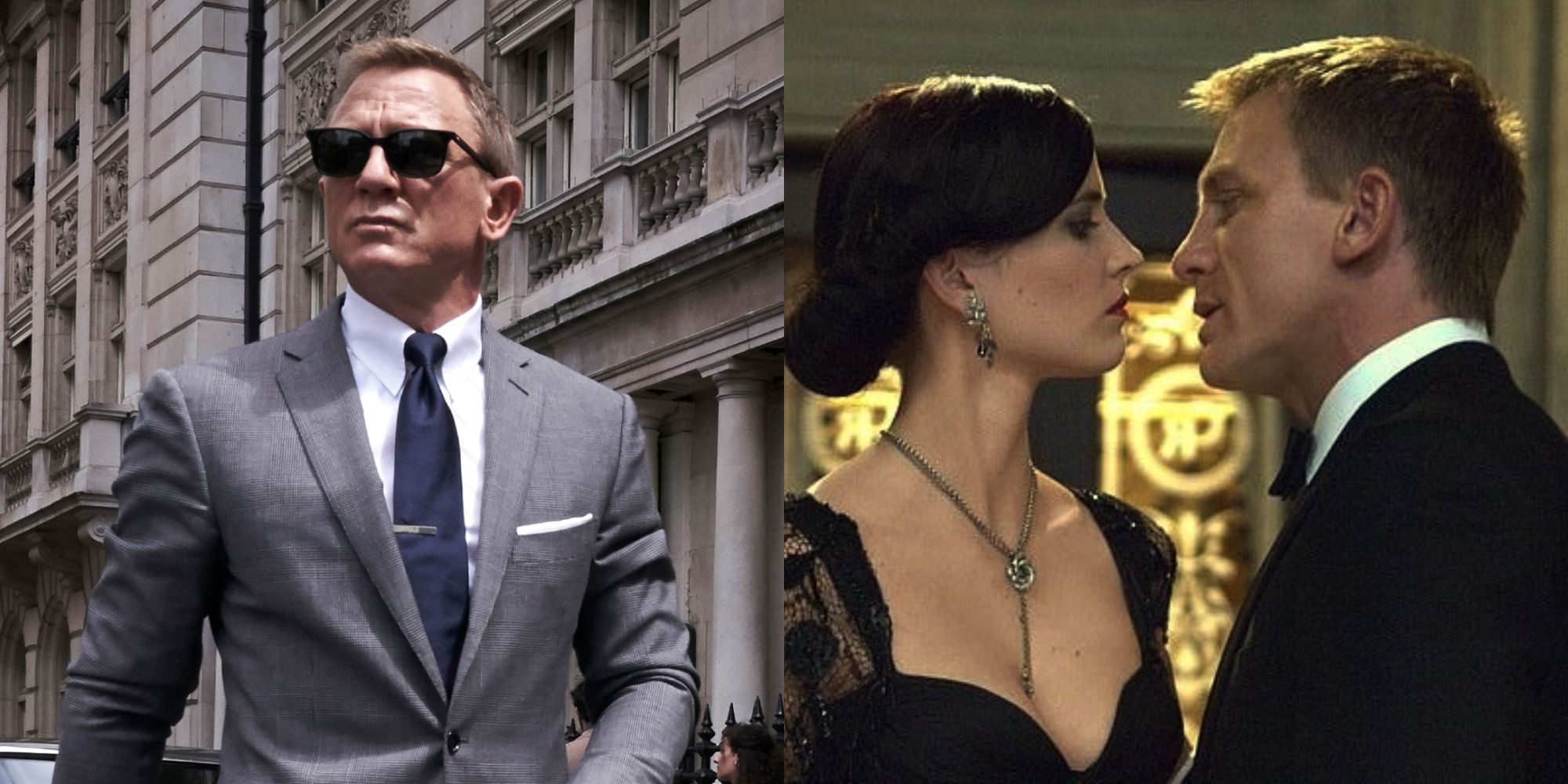 A split image of James Bond walking down the street and Vespa and James standing together in the movies