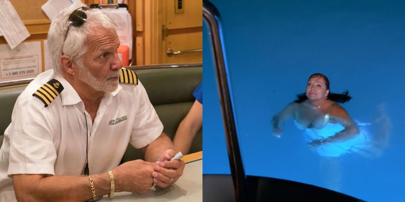 A split image of Lee and a guest swimming on Below Deck