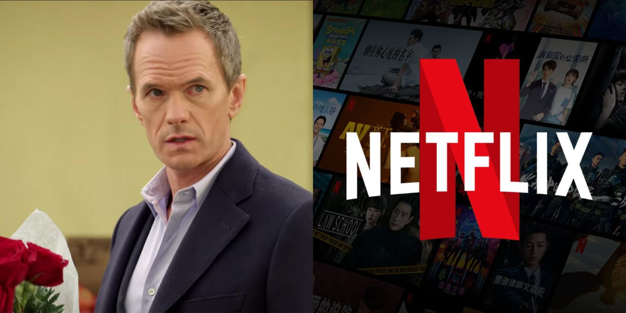 A split image of Neil Patrick Harris in Netflix's Uncoupled and the Netflix logo