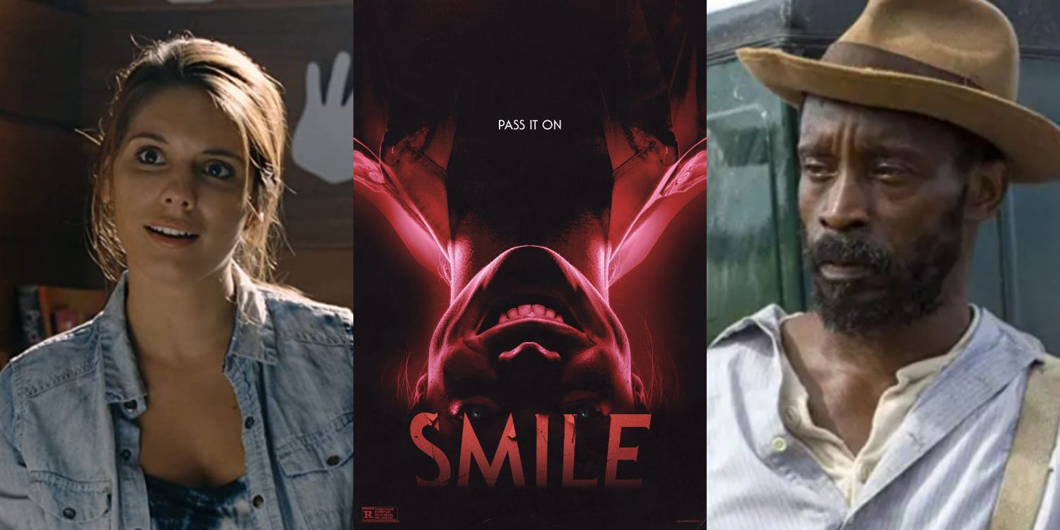 A split image of Rob Morgan the poster for Smile, and Caitlin Stasey