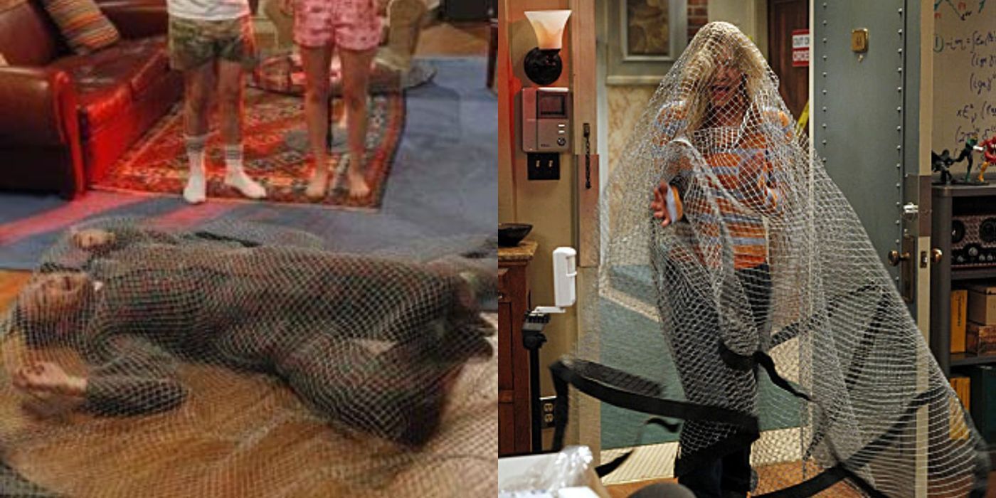 A split image of Sheldon and Penny stuck in a net on TBBT