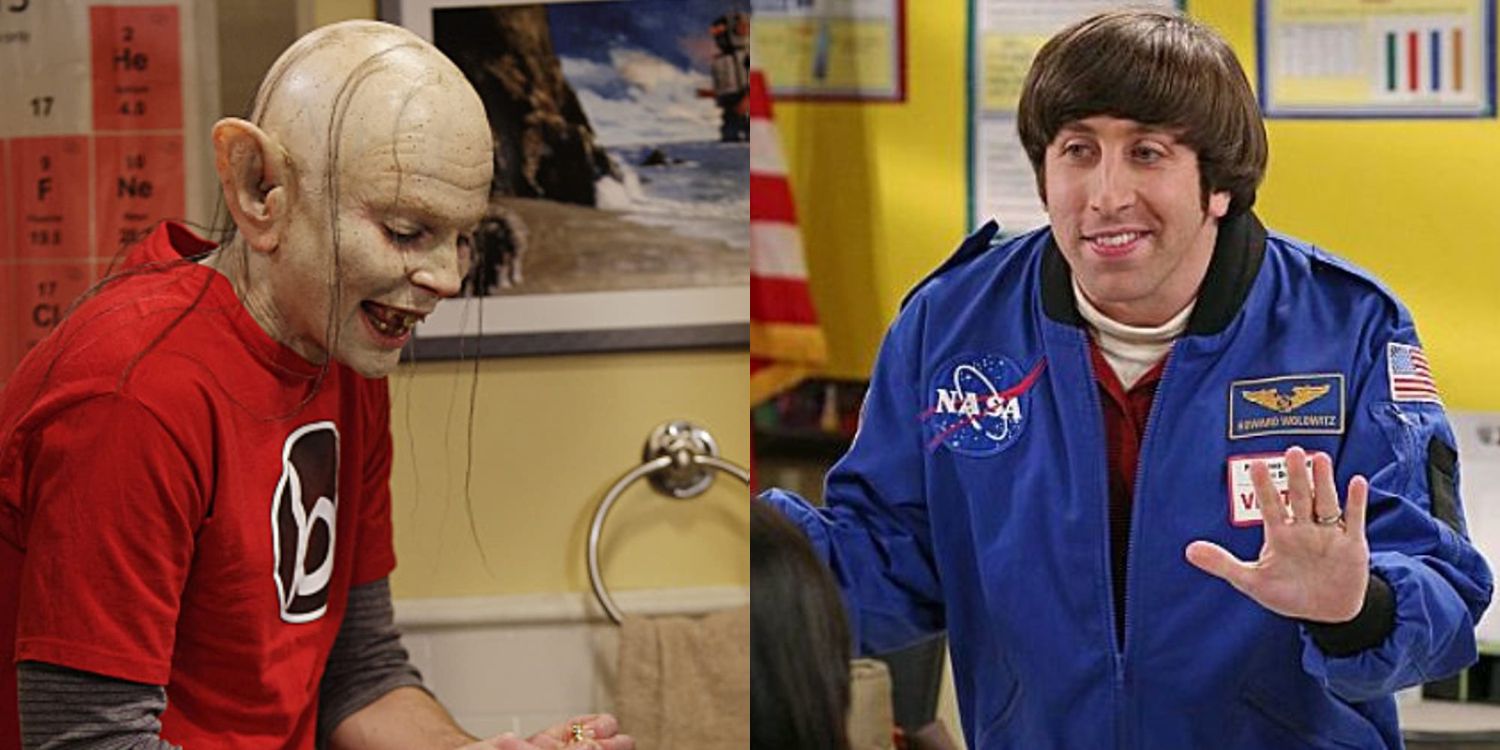 A split image of Sheldon as Gollum and Howard in his astronaut jacket in The Big Bang Theory
