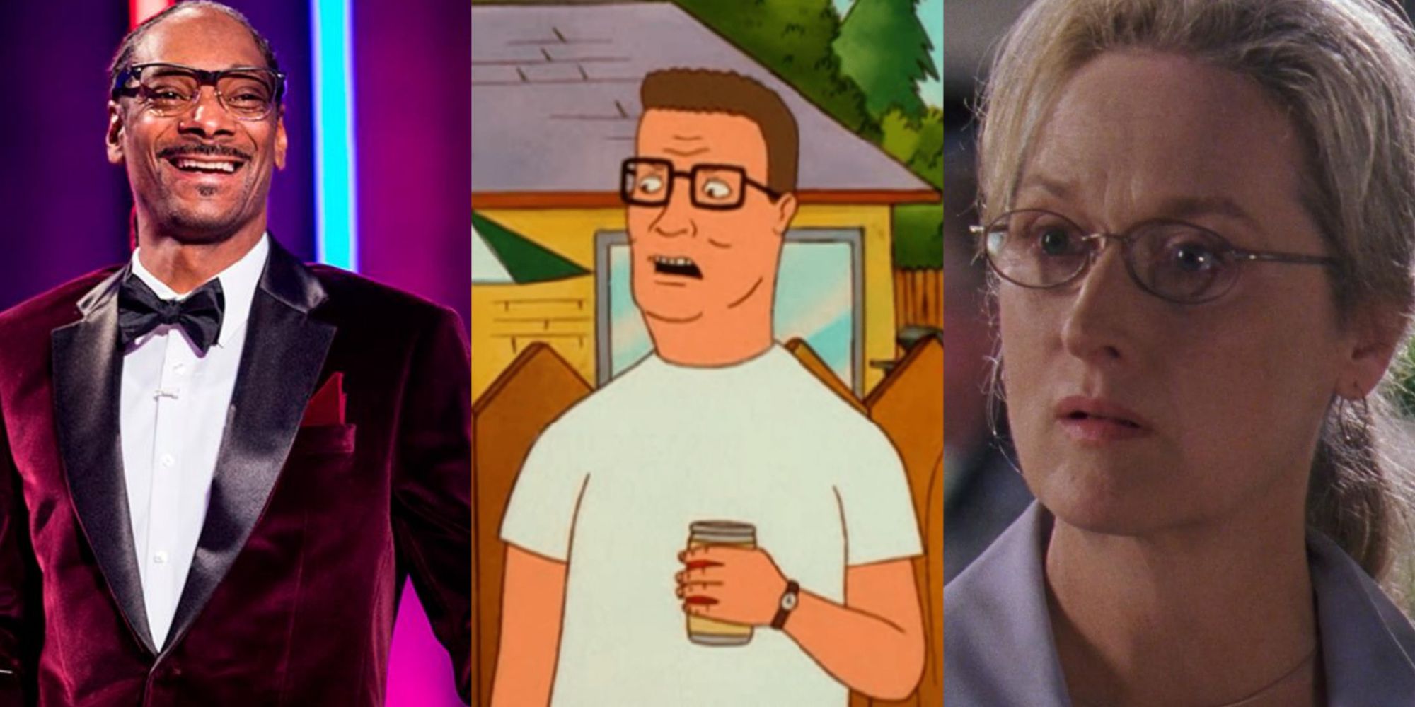 A split image of Snoop Dogg Hank Hill and Meryl Streep