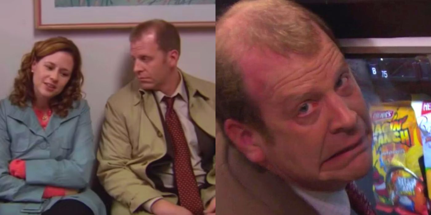 A split image of Toby grazing Pam's knee on The Office and him making a silly face