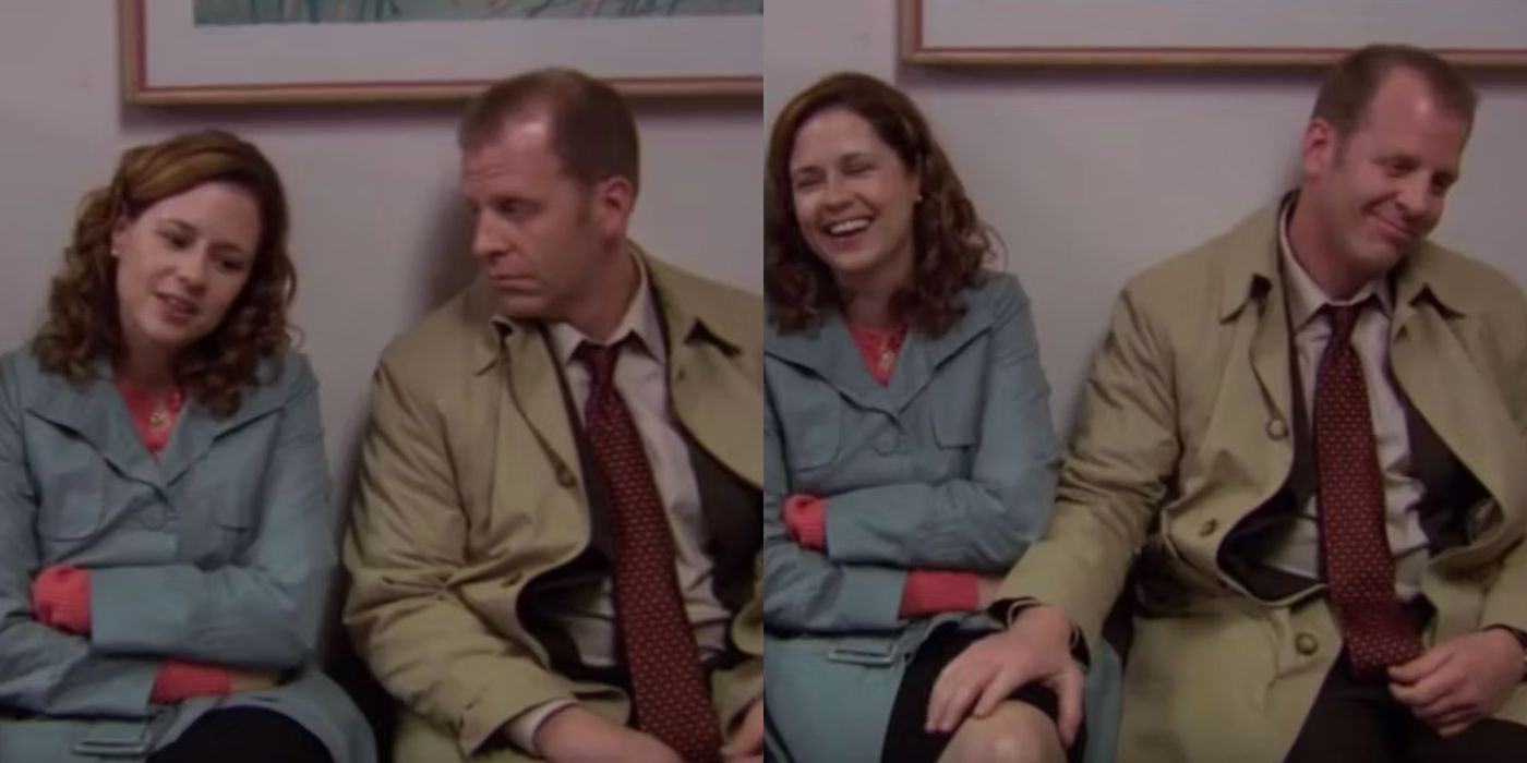 A split image of Toby grazing Pam's knee on The Office